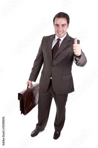 Businessman with his thumb up and with brown classic case. Isola