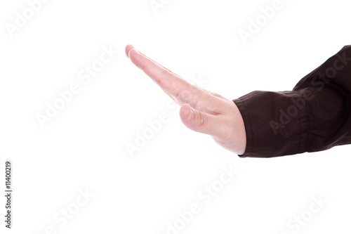 View of a man's hand signaling stop isolated on white background