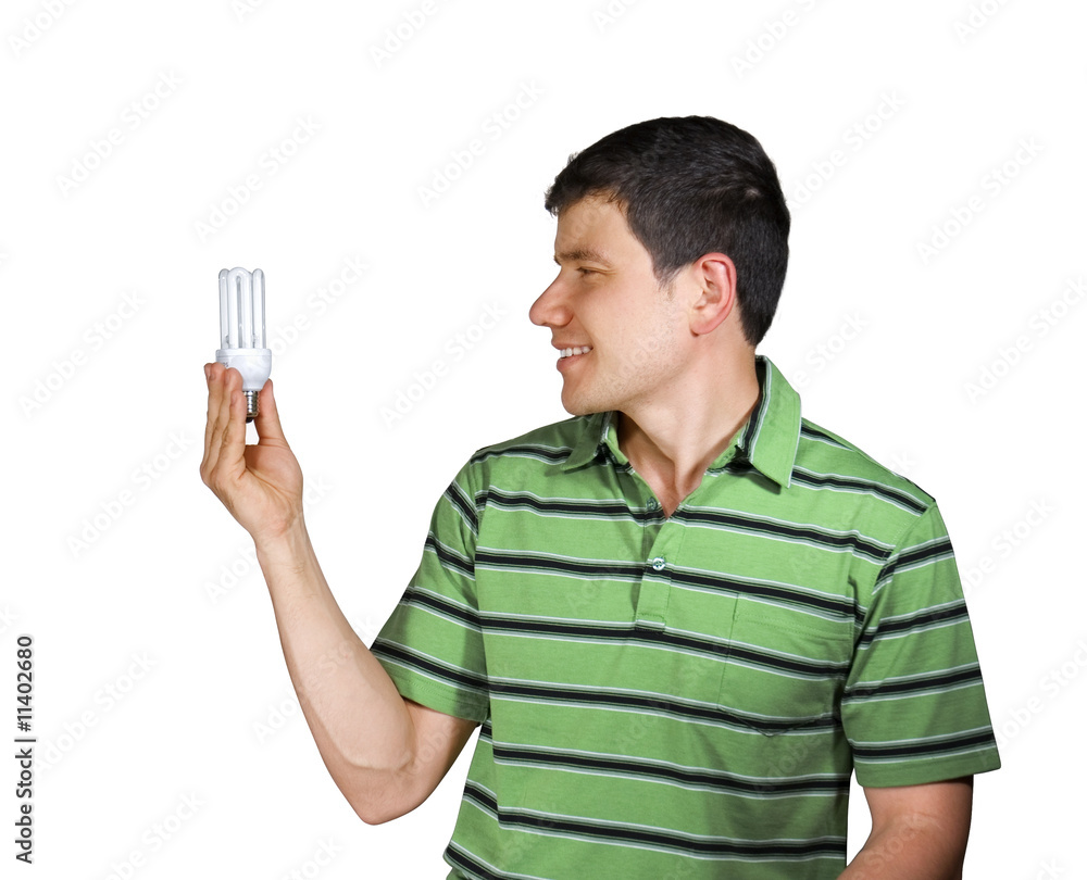 man and energy-efficient light bulbs man and energy-efficient light bulbs