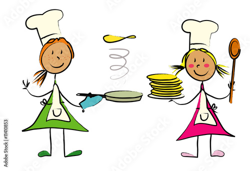 Tableau sur toile fillettes cuisinent crêpes