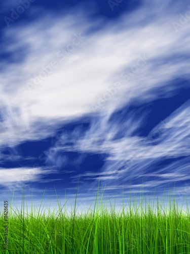 3d grass with perfect details and blue sky and clouds