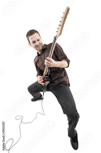 Person playing a guitar isolated against white background