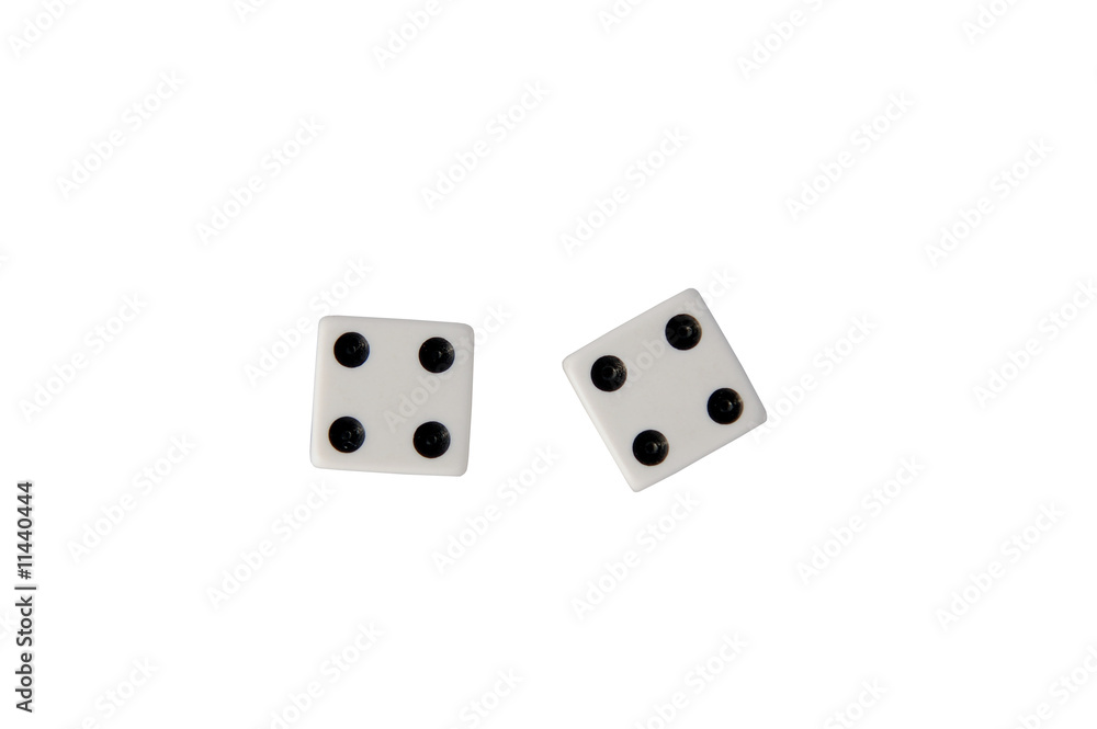 Two dice showing fours isolated on white with clipping path Two dice showing fours isolated on white with clipping path