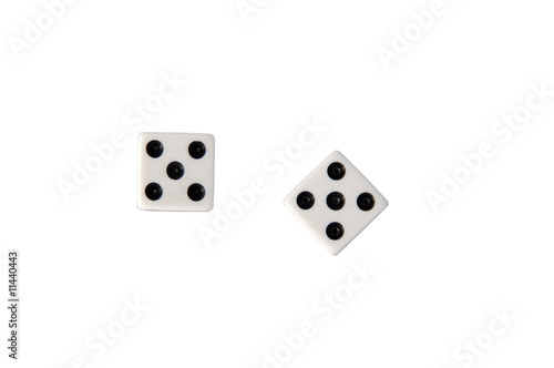 Two dice showing fives isolated on white with clipping path