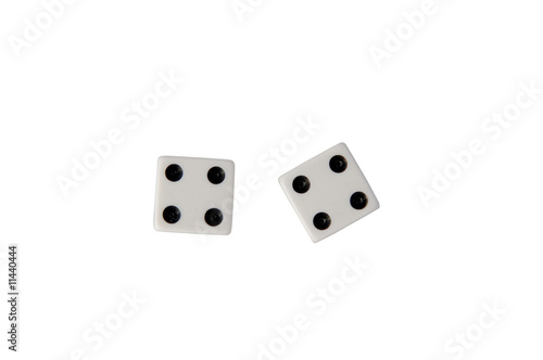 Two dice showing fours isolated on white with clipping path