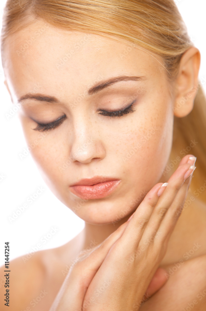 Portrait of cute blond woman, isolated on white