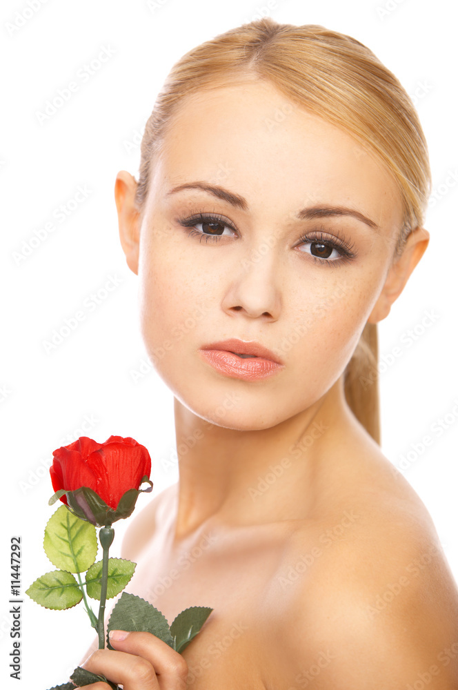 Portrait of cute blond woman, holding red rose Portrait of cute blond woman, holding red rose