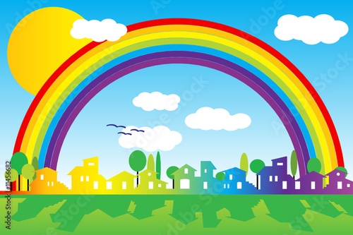 Little village silhouette with rainbow and clouds