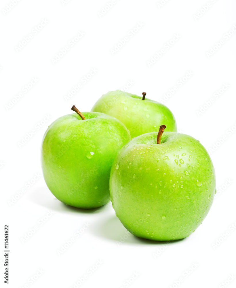 three fresh green granny smith apples isolated on white three fresh green granny smith apples isolated on white