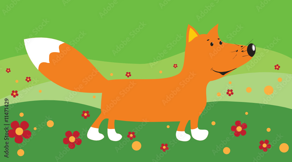 Cartoon fox with flowers on the meadow Cartoon fox with flowers on the meadow