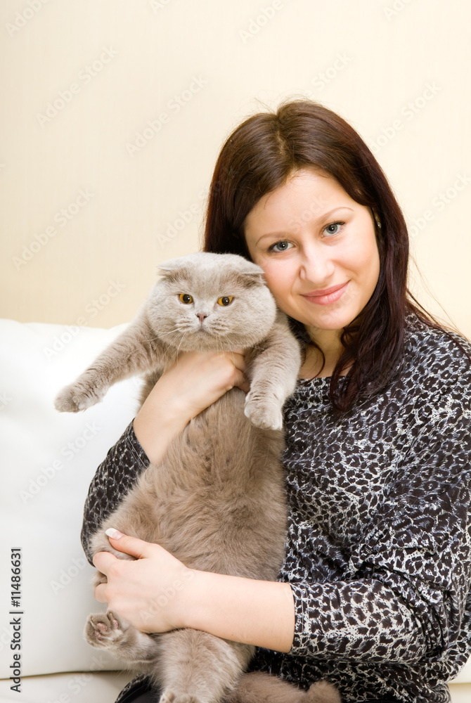 The girl holds a grey cat on hands The girl holds a grey cat on hands