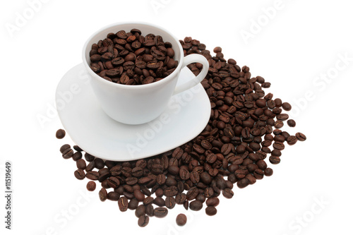 Coffee cup with coffee beans .