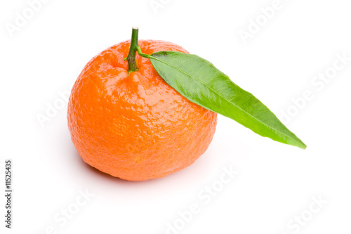 Einzelne Mandarine mit Blatt freigestellt auf weiß