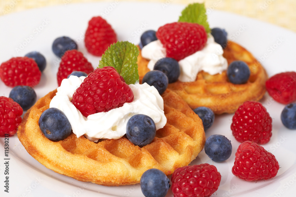 Belgian waffles with berries and cream Belgian waffles with berries and cream