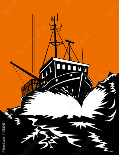 Fishing boat battling big waves