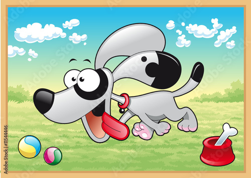 Dog is running in meadow with his toys