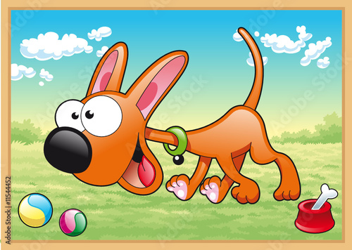 Dog is running in meadow with his toys
