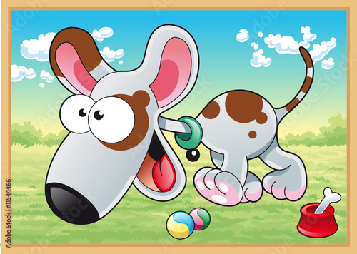 Dog is running in meadow with his toys