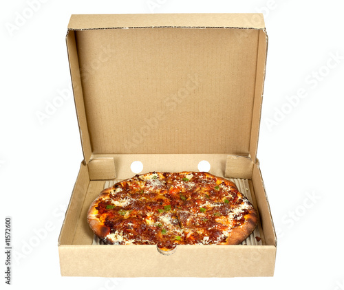 Pizza in a takeaway box isolated on white background