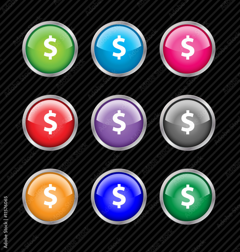 Collection of vector glossy buttons for dollar currency theme. Collection of vector glossy buttons for dollar currency theme.