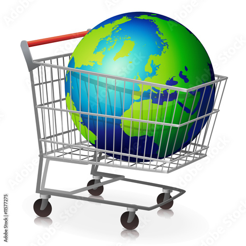 Chariot de supermarché et un globe terrestre (reflet)