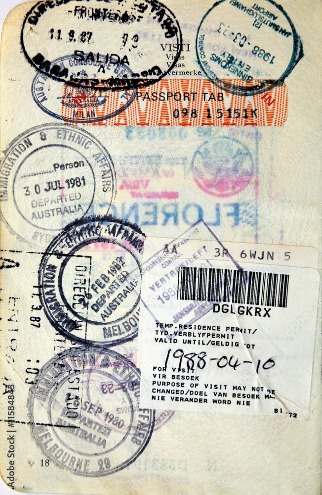 Italian passport. Australia,Spain,South Africa border stamps
