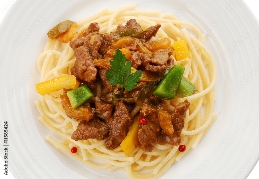 Pasta with meat and vegetables isolated on white background Pasta with meat and vegetables isolated on white background
