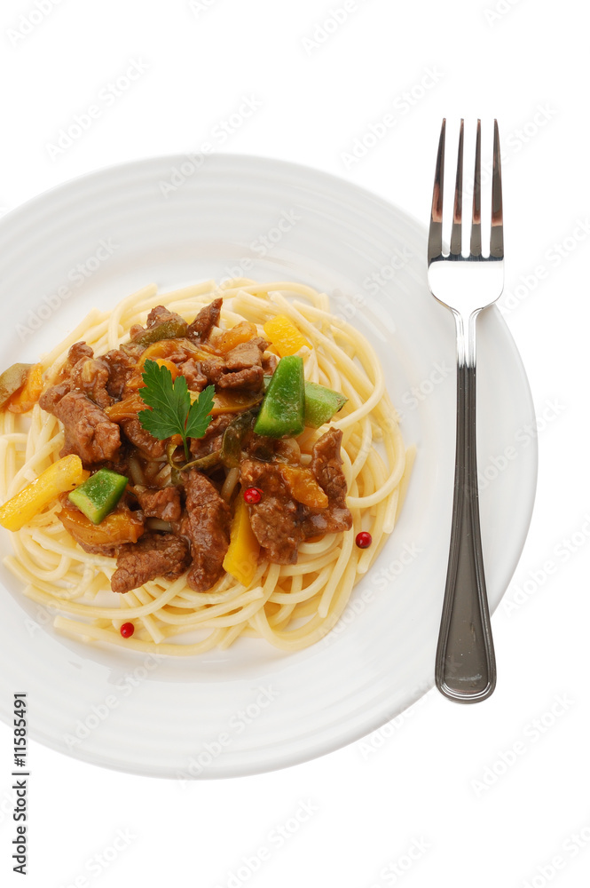 Pasta with meat and vegetables isolated on white background Pasta with meat and vegetables isolated on white background