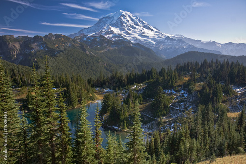 View of Mount Rainier with a lake in the foreground