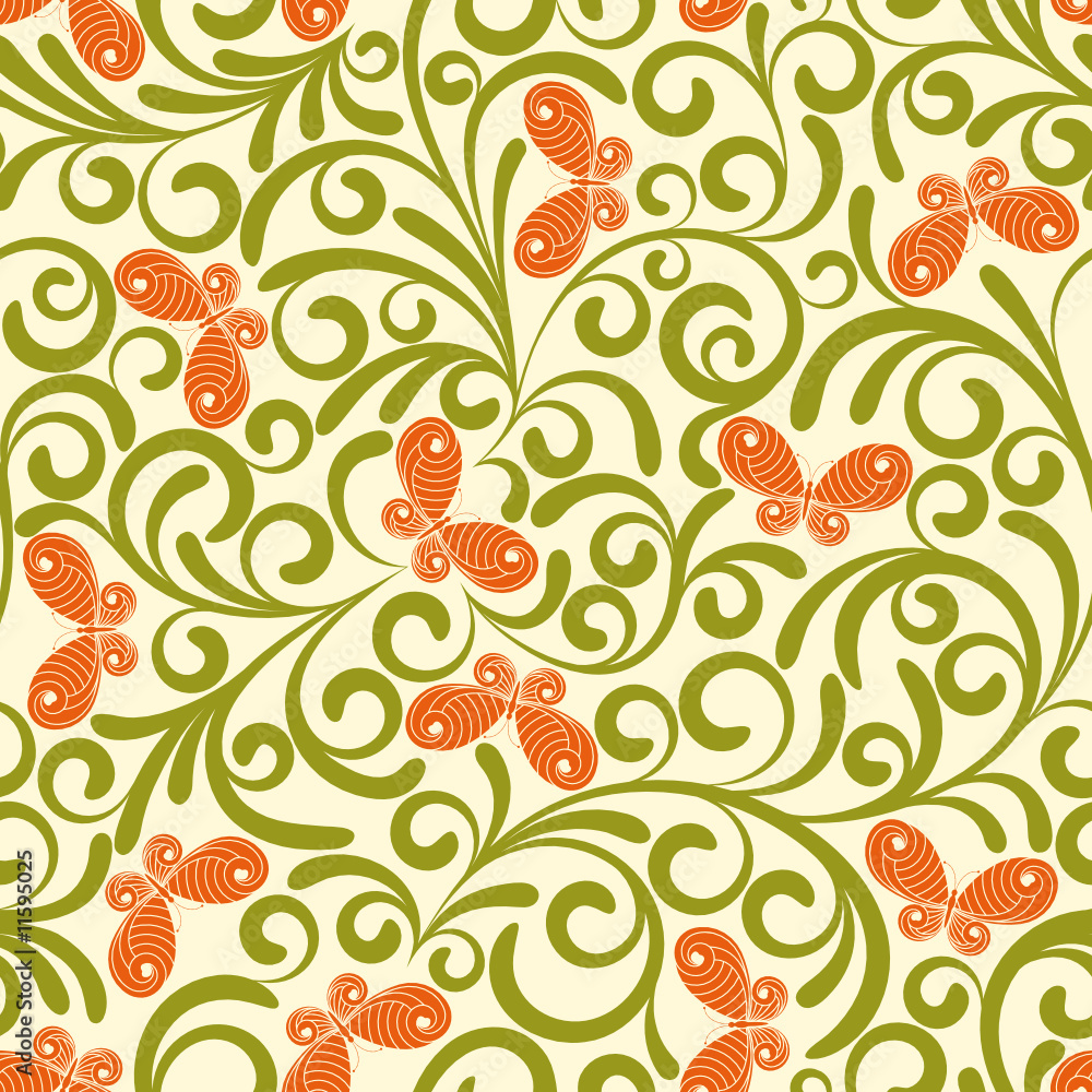 Seamless pattern from green plants and orange butterflies Seamless pattern from green plants and orange butterflies