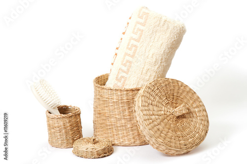 wicker baskets with bath accessories