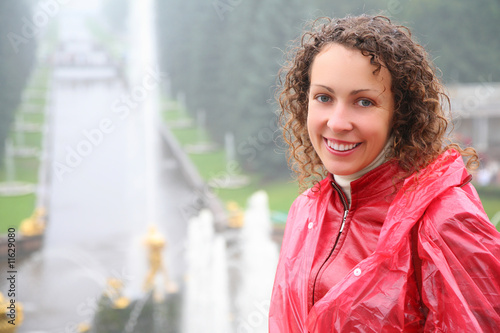 Young woman on large cascade in Peterhof photo