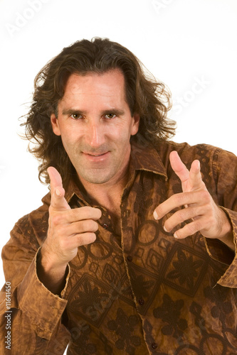 Optimistic friendly gesturing middle aged man photo