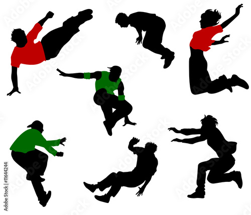 Silhouettes of seven jumping and fallen people