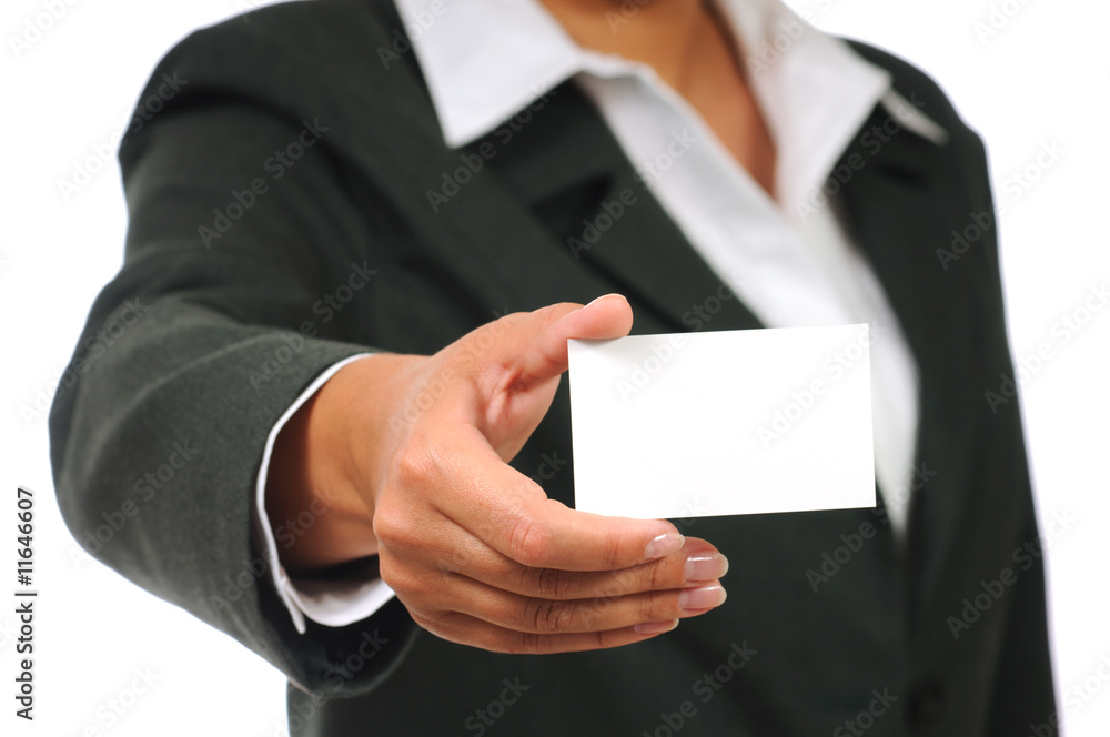 Businesswoman in suit holding empty business card. Businesswoman in suit holding empty business card.
