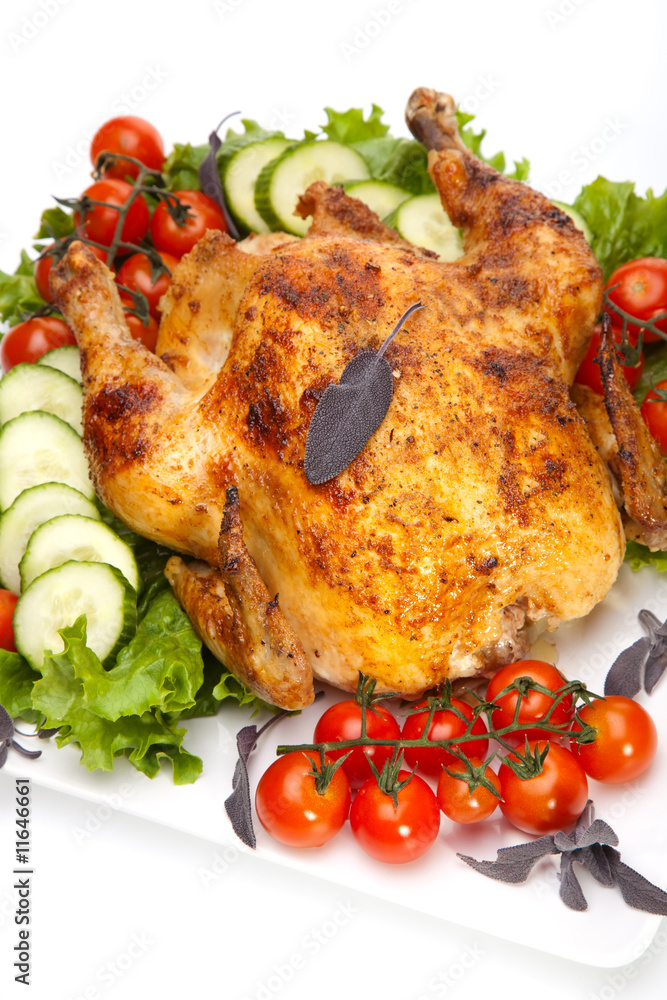 Whole roasted chicken on white Whole roasted chicken on white