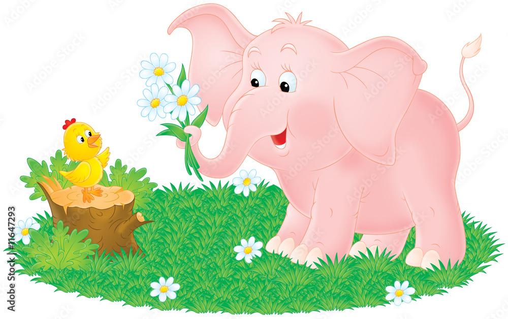 Fototapeta premium Pink elephant and little chick