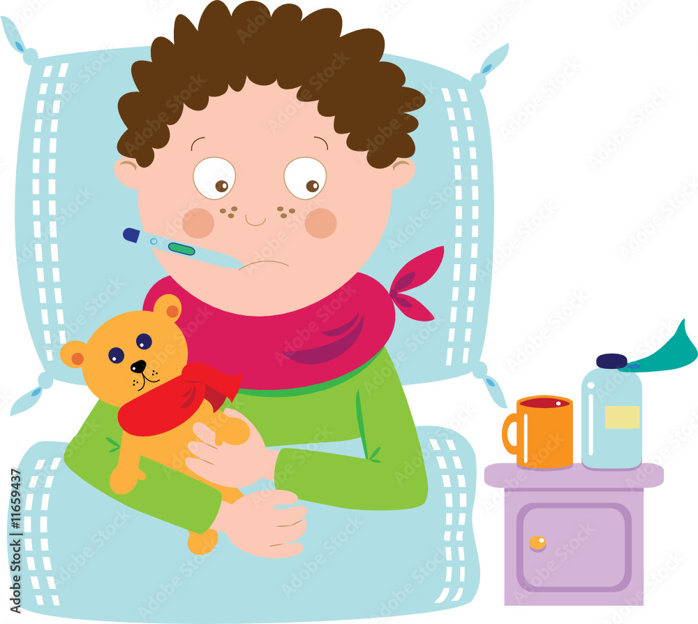 ill boy with teddy and medicine