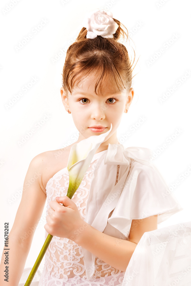Little girl with flower on white background Little girl with flower on white background