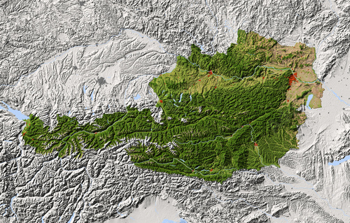 Fototapeta Naklejka Na Ścianę i Meble -  Austria, shaded relief map, colored for vegetation