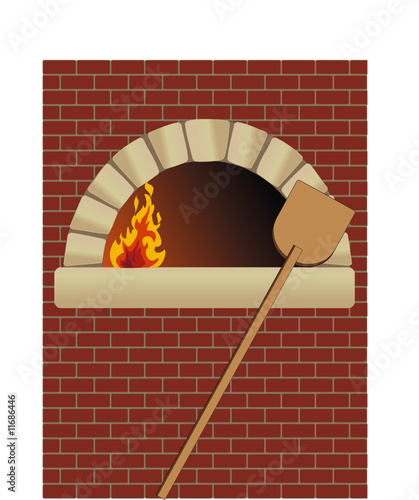 firewood oven with shovel on brick wall