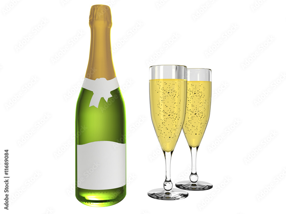 Champagne bottle with blank labels & champagne in glass Champagne bottle with blank labels & champagne in glass