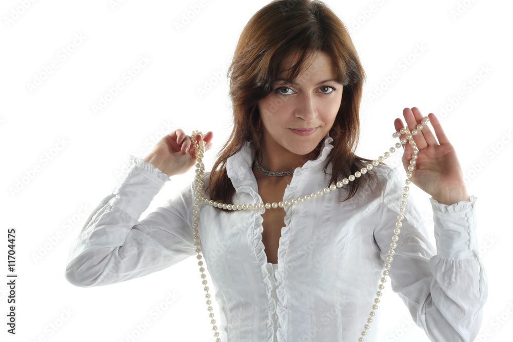 woman with pearl beads isolated on white background