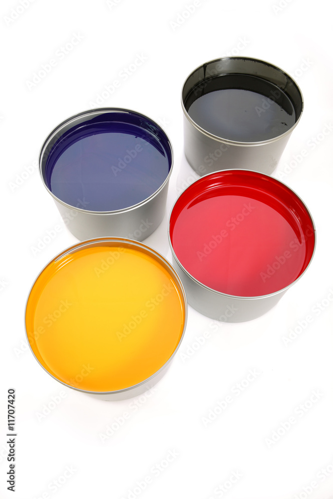 Printing press inks, cyan, magenta, yellow, black Printing press inks, cyan, magenta, yellow, black