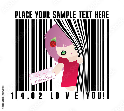 Valentines bar code with cute funny cartoon caracter