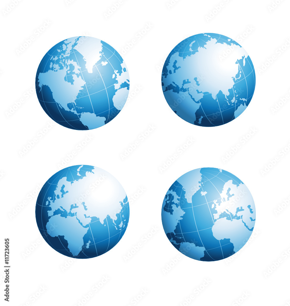 Four globes different continents