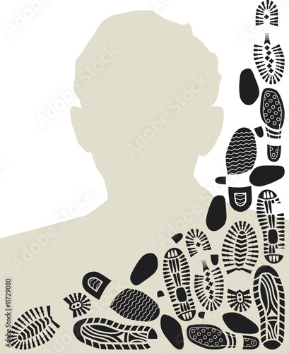 Footworn portrait of a man. Design with bootprints.