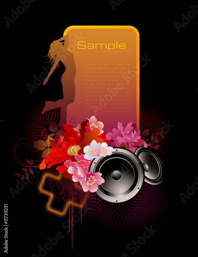 floral music banner with dancing girl and speakers