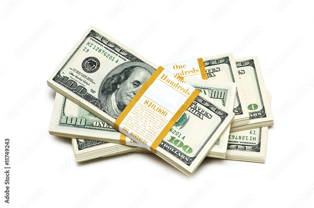 Ten thousand dollar stacks on the white Ten thousand dollar stacks on the white