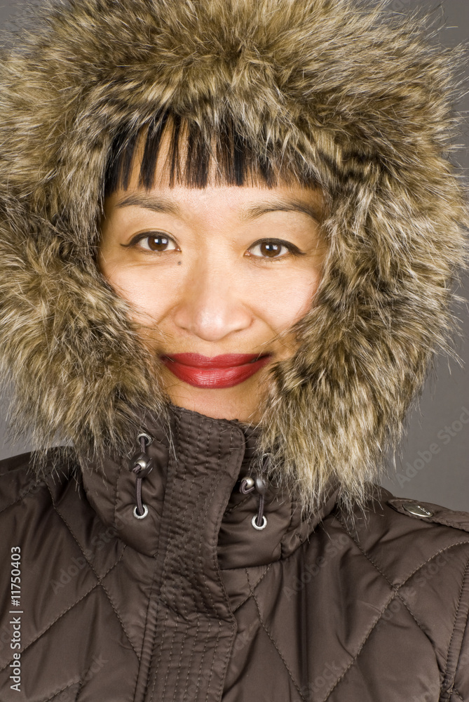 Asian Woman Wearing Winter Coat with a Fur Hood Asian Woman Wearing Winter Coat with a Fur Hood